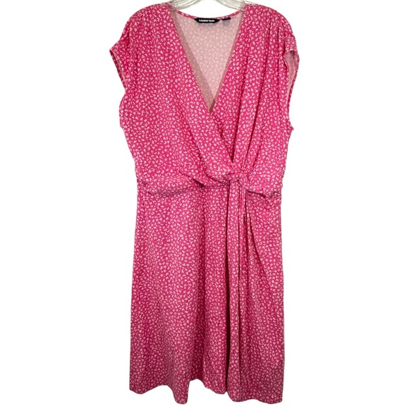 Lands End ladies dress 1X plus size pink white v-ditsy print casual everyday - Picture 1 of 12